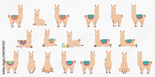 A collection of cute cartoon llamas in various poses, featuring colorful blankets on their backs, isolated on a transparent background.