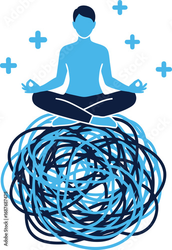 Person meditating atop a tangled mess of lines, symbolizing overcoming chaos and stress.