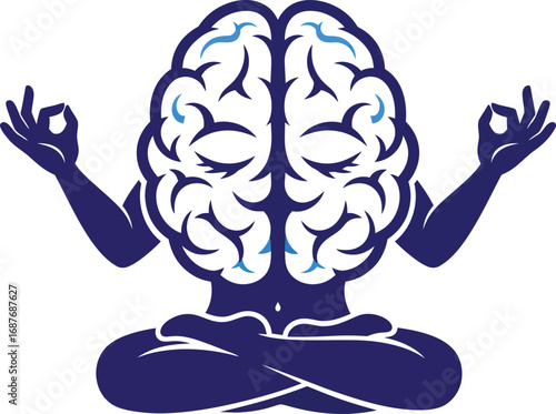 A meditating brain figure in yoga pose.
