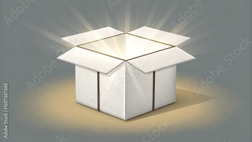 Open White Box Emitting Light Rays, Represents Mystery, Potential, Opportunities, Presents, Gifts, or Unboxing Experience on a Plain Gray Background.
