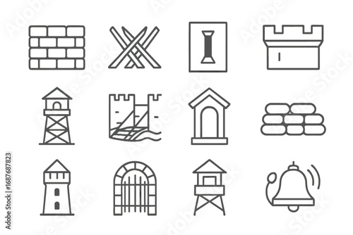 Fortification Line Icons. Line style icons of fortifications and defenses: stone wall, spiked barricade, arrow slit, parapet,