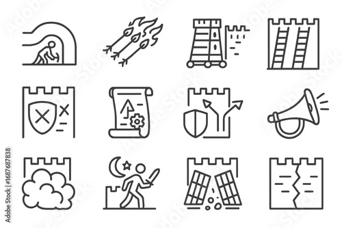 Siege Tactic Icons. Line style icons of siege tactics and breach: under-wall tunnel, flame arrow barrage, tower push icon, ladder