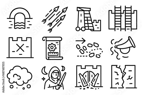 Siege Tactic Icons. Line style icons of siege tactics and breach: under-wall tunnel, flame arrow barrage, tower push icon, ladder