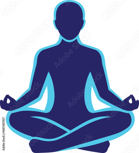 Stylized blue silhouette of a person meditating in a lotus yoga pose, representing peace and mindfulness.