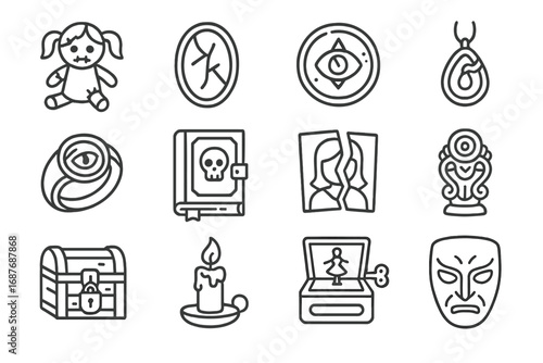 Cursed Items Icons. Line style icons of cursed items: broken doll, cracked mirror, ancient coin, cursed pendant, evil ring, old