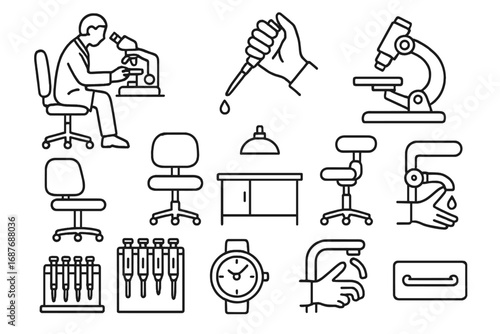 Microbiology Lab Icons. Line style icons of microbiologist equipment: seated researcher icon, hand with pipette, microscope