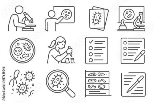 Microbiology Education Icons. Line style icons of microbiology education: microscope demo icon, lab experiment board, bacterial