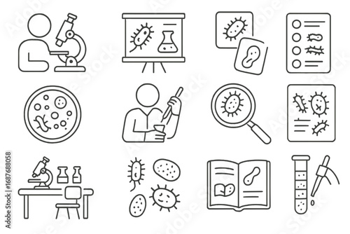 Microbiology Education Icons. Line style icons of microbiology education: microscope demo icon, lab experiment board, bacterial