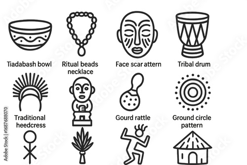 African Ritual Icons. Line style icons of African ritual symbols: calabash bowl, ritual beads necklace, face scar pattern, tribal