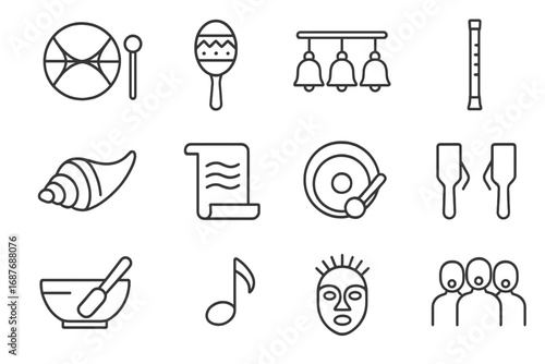 Ritual Musical Icons. Line style icons of musical elements in rituals: sacred drum, wooden rattle, bell chime, ritual flute, conch