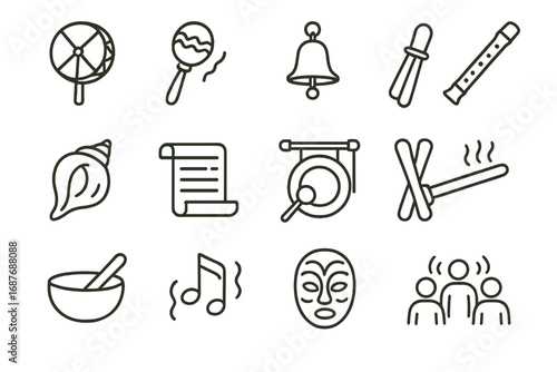 Ritual Musical Icons. Line style icons of musical elements in rituals: sacred drum, wooden rattle, bell chime, ritual flute, conch