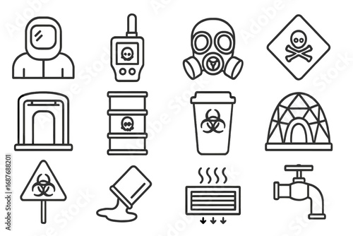 Chemical Safety Icons. Line style icons of chemical and industrial disaster response: hazmat suit icon, chemical detector, gas