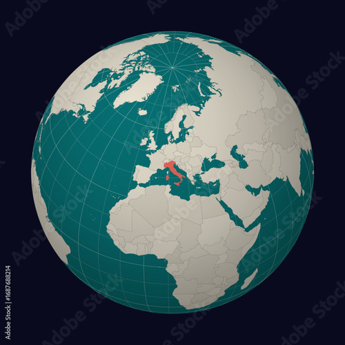 Italy on the map. Globe centered to Italy. Country location on the world map. Teal Pale Mint color palette. Globe with countries, meridians and parallels. Awesome vector illustration.