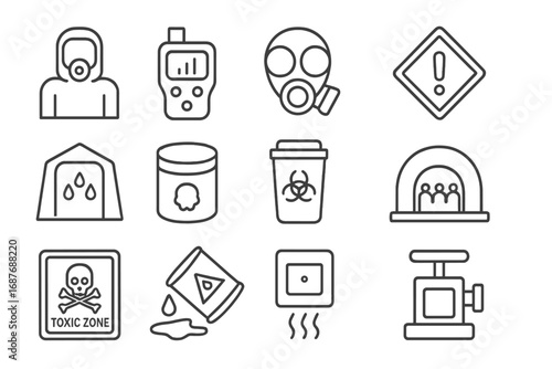 Chemical Safety Icons. Line style icons of chemical and industrial disaster response: hazmat suit icon, chemical detector, gas