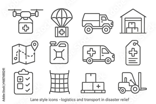 Disaster Relief Logistics Icons. Line style icons of logistics and transport in disaster relief: delivery drone, air drop crate,