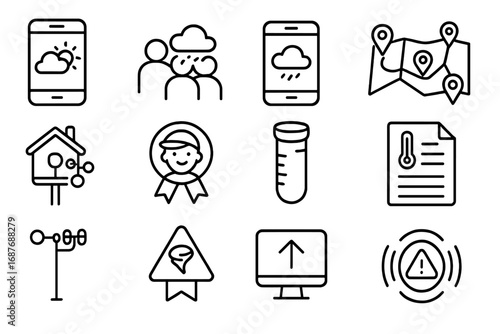 Weather Citizen Science Icons. Line style icons of weather outreach and citizen science: public weather app, crowd report icon,