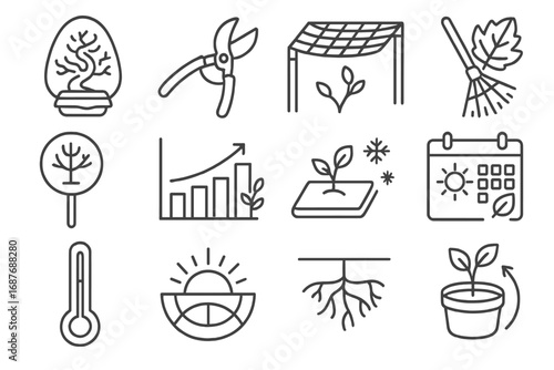 Seasonal Bonsai Icons. Line style icons of seasonal bonsai care: winter bonsai wrap, spring pruning tool, summer shading net,
