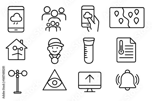 Weather Citizen Science Icons. Line style icons of weather outreach and citizen science: public weather app, crowd report icon,