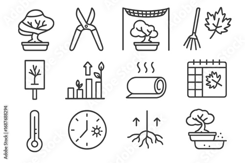 Seasonal Bonsai Icons. Line style icons of seasonal bonsai care: winter bonsai wrap, spring pruning tool, summer shading net,
