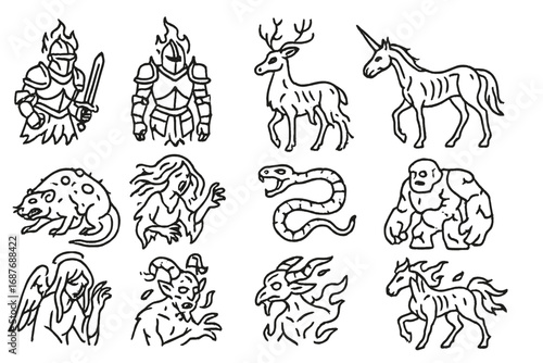 Mythical Cursed Icons. Line style icons of cursed mythical forms: cursed knight, haunted armor, ghost deer, withered unicorn,