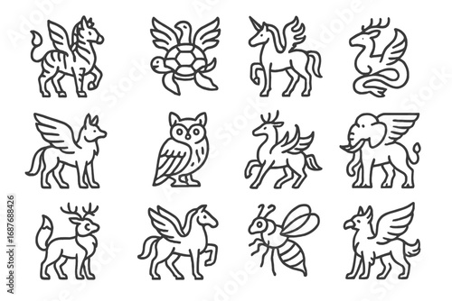 Hybrid Animal Icons. Line style icons of imaginary hybrid beings: zebra-dragon, turtle-phoenix, scorpion-unicorn, bird-wolf,