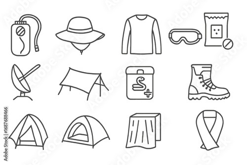 Desert Survival Line Icons. Line style icons of desert survival essentials: hydration bladder, UV sunhat, long-sleeve layer, sand