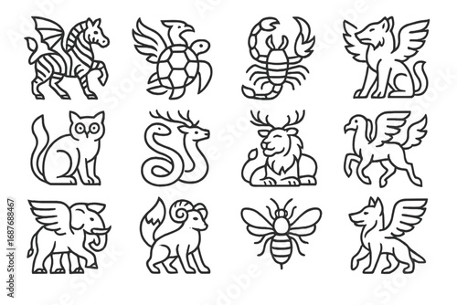 Hybrid Animal Icons. Line style icons of imaginary hybrid beings: zebra-dragon, turtle-phoenix, scorpion-unicorn, bird-wolf,