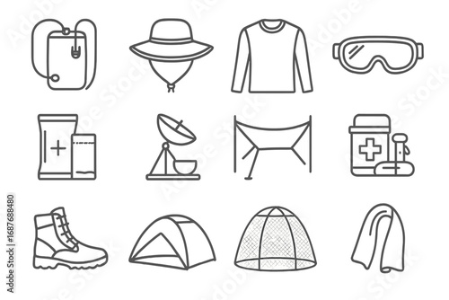 Desert Survival Line Icons. Line style icons of desert survival essentials: hydration bladder, UV sunhat, long-sleeve layer, sand