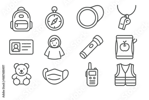 Kids' Survival Gear Icons. Line style icons of survival gear for kids: mini backpack, small compass, glow bracelet, whistle