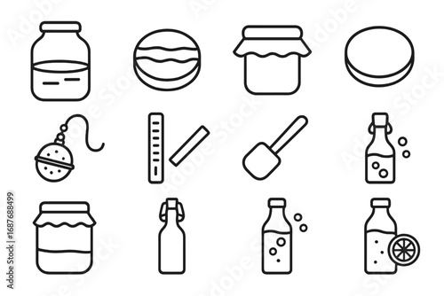 Kombucha Brewing Essentials. Line style icons of kombucha brewing gear: glass fermenting bottle, SCOBY disk, cloth cover, elastic