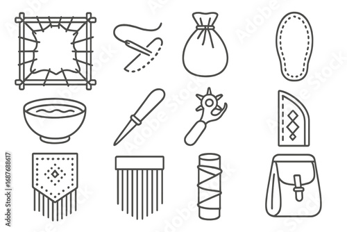 Leatherwork Icon Collection. Line style icons of leatherwork crafts: stretched hide frame, sinew stitching line, leather pouch,