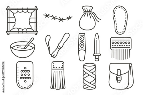 Leatherwork Icon Collection. Line style icons of leatherwork crafts: stretched hide frame, sinew stitching line, leather pouch,