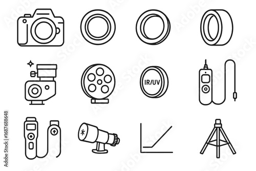 Astrophotography Gear Icons. Line style icons of astrophotography equipment: DSLR camera body, telescope adapter ring, T-mount