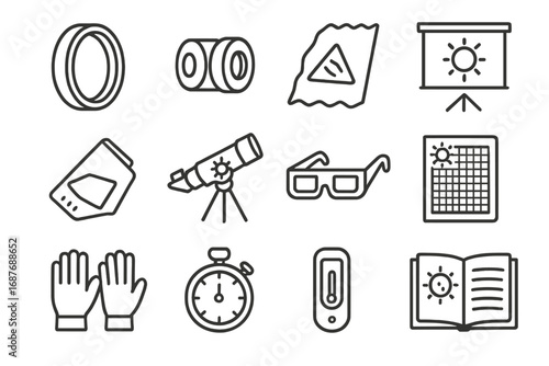 Solar Observation Icons. Line style icons of solar observation gear: solar filter lens, hydrogen-alpha filter, Baader film sheet,