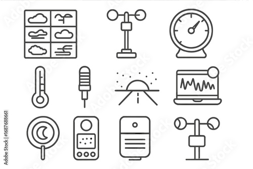 Atmospheric Observation Icons. Line style icons of atmospheric observation gear: cloud type chart, weather meter, barometer,