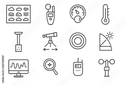 Atmospheric Observation Icons. Line style icons of atmospheric observation gear: cloud type chart, weather meter, barometer,