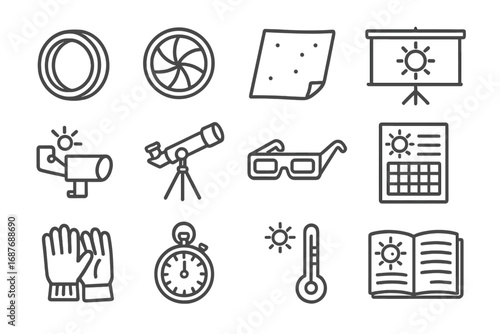 Solar Observation Icons. Line style icons of solar observation gear: solar filter lens, hydrogen-alpha filter, Baader film sheet,