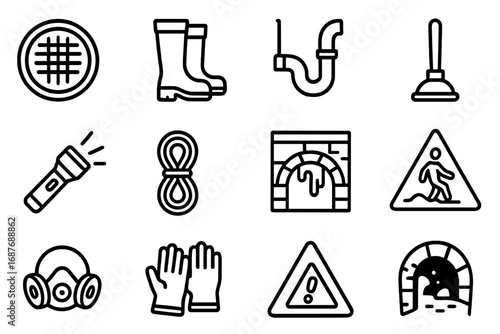 Sewer Exploration Tools Icons. Line style icons of sewer exploration tools: sewer grate icon, rubber boots, drainage diagram, rod