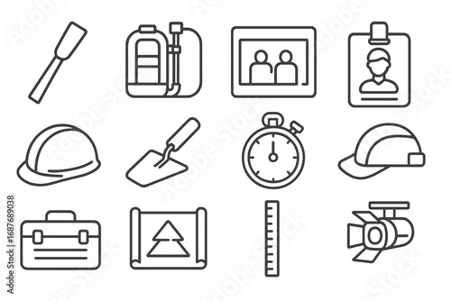 Sand Sculpture Tools Icons. Line style icons of sand carving festival tools: large chisel, water sprayer backpack, team layout map
