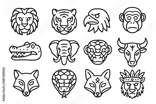 Ceremonial Animal Masks. Line style icons of ceremonial animal masks: lion head mask, tiger pattern mask, eagle beak mask,