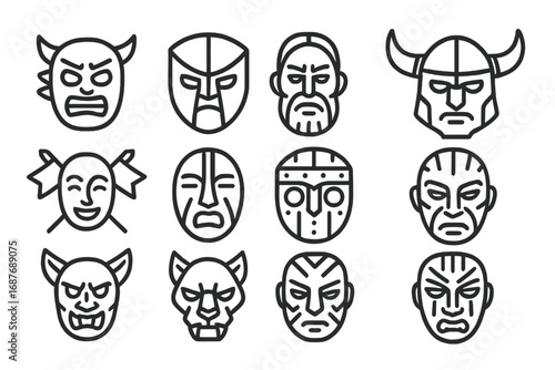 Warrior Mask Icons. Line style icons of warrior ceremonial masks: battle rage mask, shielded face mask, warrior ancestor mask,