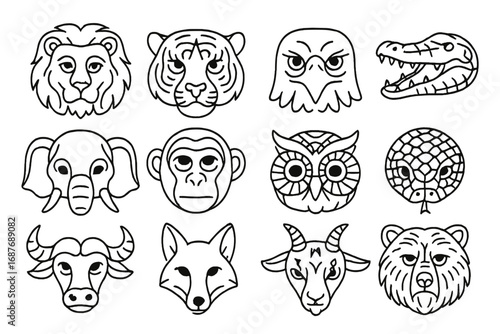 Ceremonial Animal Masks. Line style icons of ceremonial animal masks: lion head mask, tiger pattern mask, eagle beak mask,