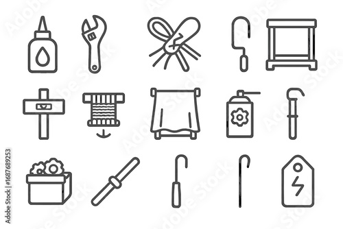 Weaving Repair Tools. Line style icons of weaving repairs and maintenance: loom oil bottle, tightening wrench, thread knot fixer,