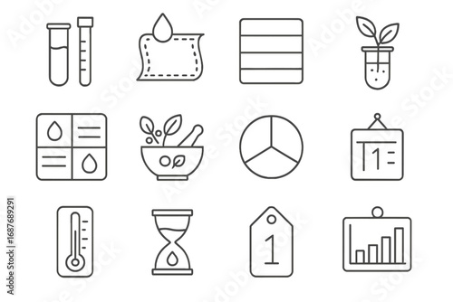Natural Dye Icons. Line style icons of natural dye terms and concepts: pH level, colorfastness, saturation scale, fiber-reactive