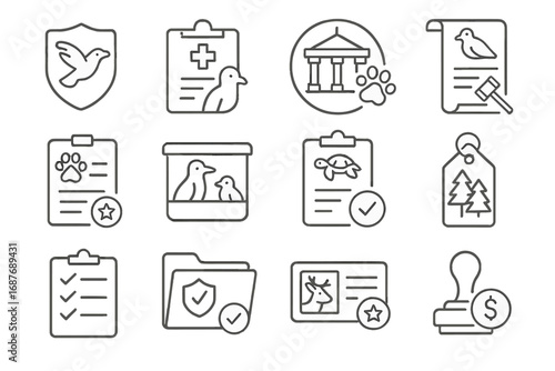 Government Wildlife Icons. Line style icons of government and legal support: wildlife permit badge, rehab center license,