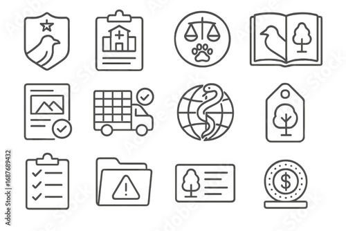 Government Wildlife Icons. Line style icons of government and legal support: wildlife permit badge, rehab center license,