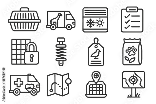 Wildlife Transport Icons. Line style icons of wildlife transport systems: air crate icon, wildlife van, climate control box,
