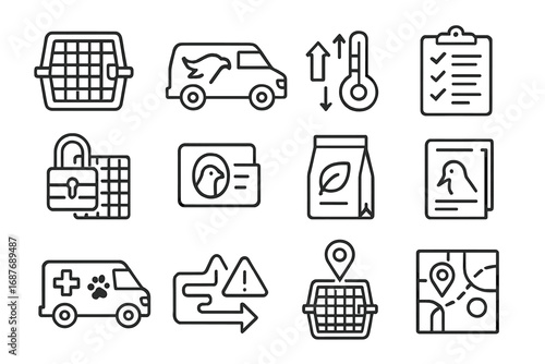 Wildlife Transport Icons. Line style icons of wildlife transport systems: air crate icon, wildlife van, climate control box,