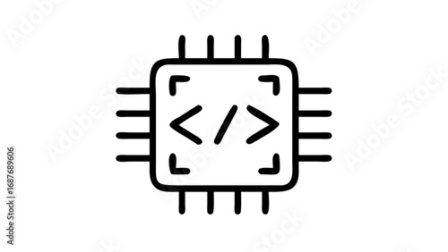 Icon of a microchip with code symbols inside, representing technology and programming.