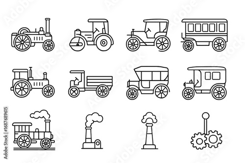 Steam-Powered Vehicles Icons. Line style icons of steam-powered vehicles: traction engine, vintage steamroller, steam-powered car,